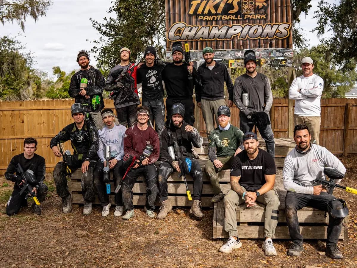 Brian McNally with his men's group after a paintball game